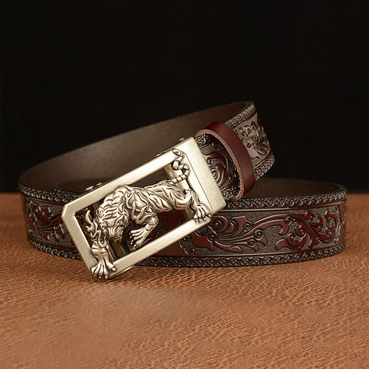 Men's Tiger Buckle Floral Embossed Leather Belt