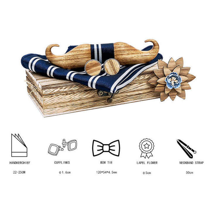 4Pcs Men's Burlywood Moustache Wooden Bow Tie Set