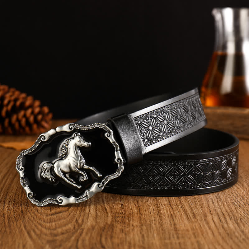 Men's Black Silver Running Horse Leather Belt