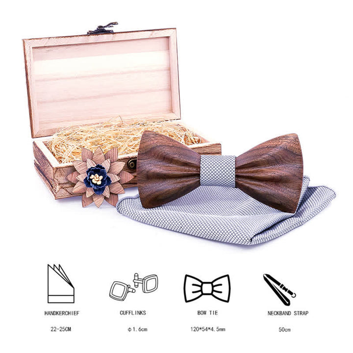 3Pcs Men's Hand Carved Crease Wooden Bow Tie Set