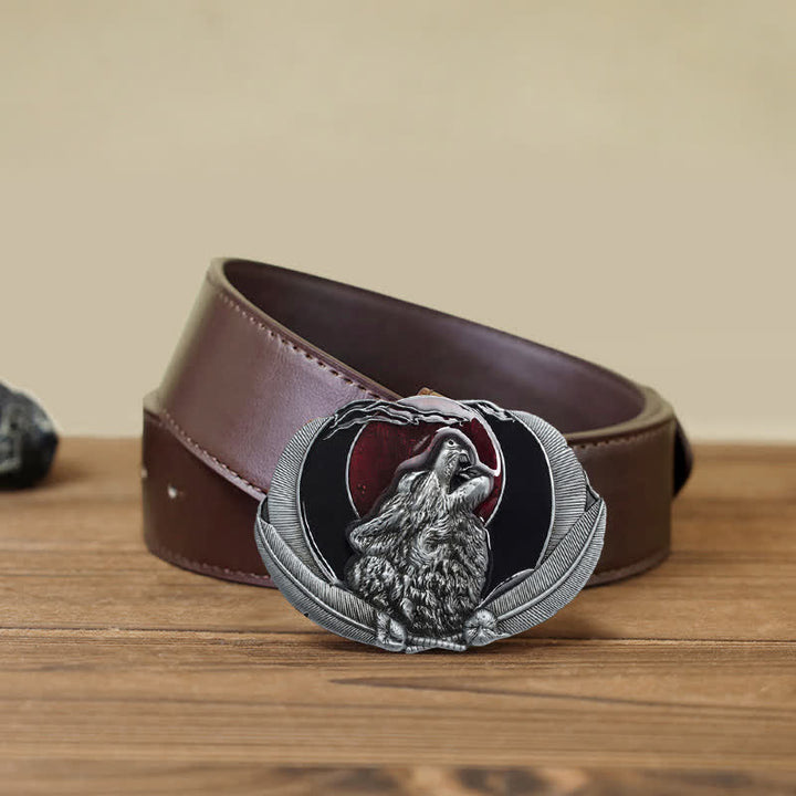 Men's DIY Howling Wolf Moon Oval Buckle Leather Belt