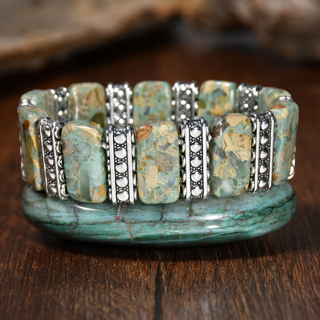 Vintage Boho Rectangle Emperor Stone Silver‑tone Panel Stretch Bracelet - Grey - image 6