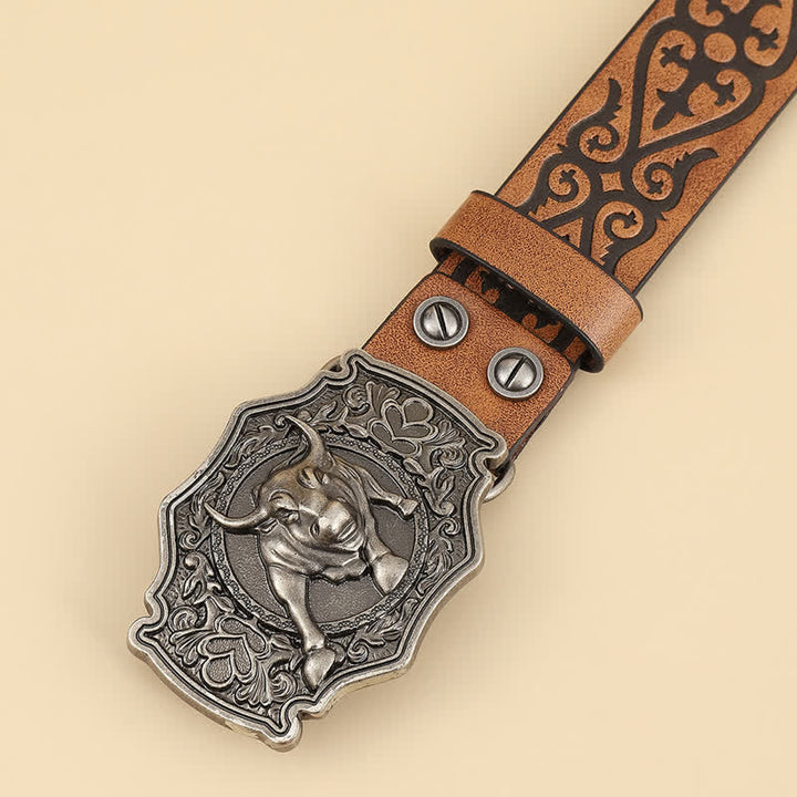 Men's Yak Matador Bull Engraved Floral Leather Belt