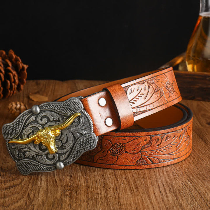 Men's Square Golden Longhorn Bull Leather Belt