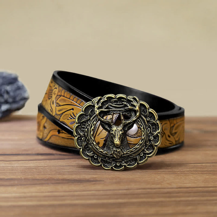 Men's DIY Hollow 3D Elk Antler Buckle Leather Belt