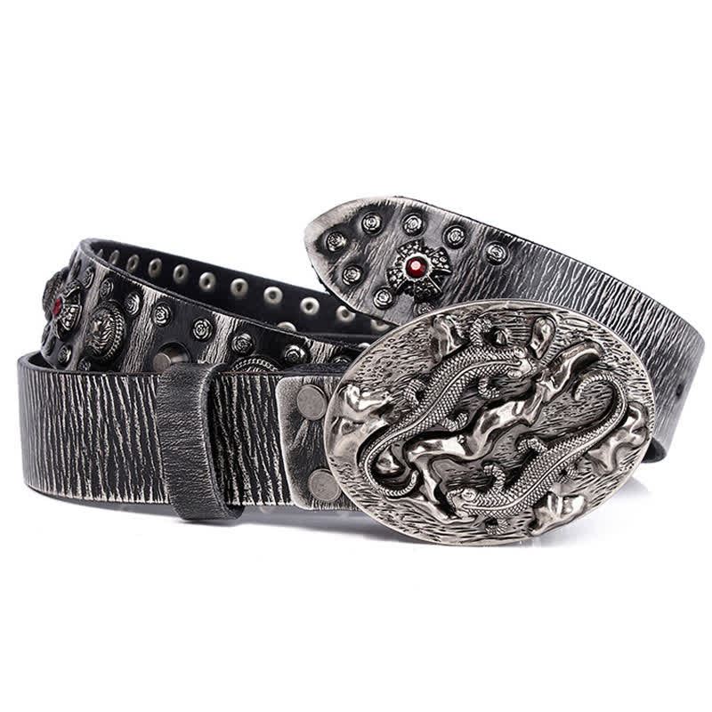 Men's Studded Ruby Lion Ornament Leather Belt