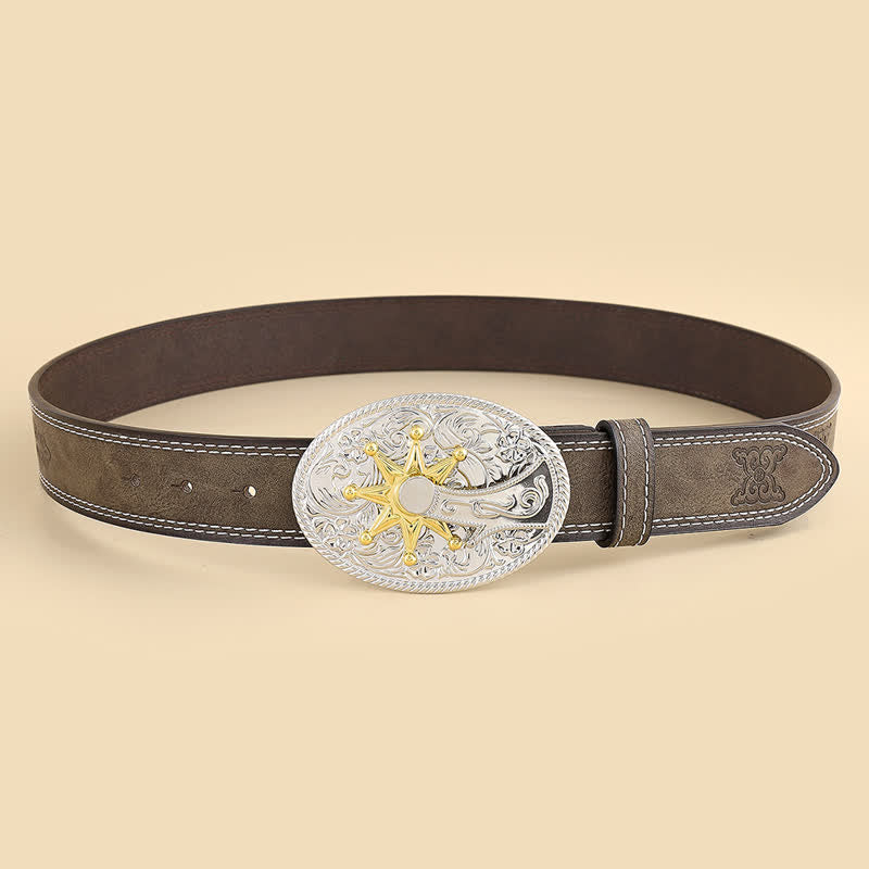 Men's Carved Star & Flower Leather Belt