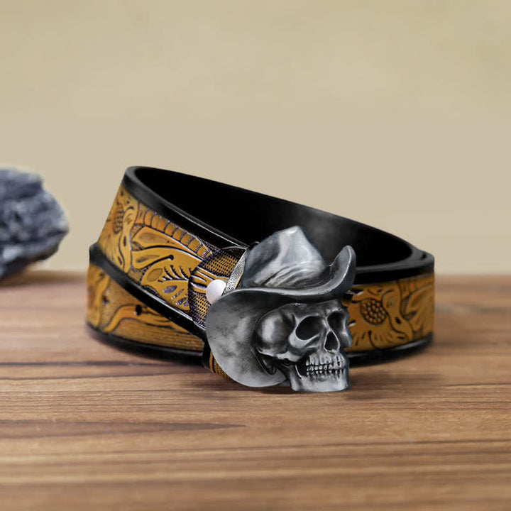 Men's DIY Creative Skull Head With Hat Buckle Leather Belt