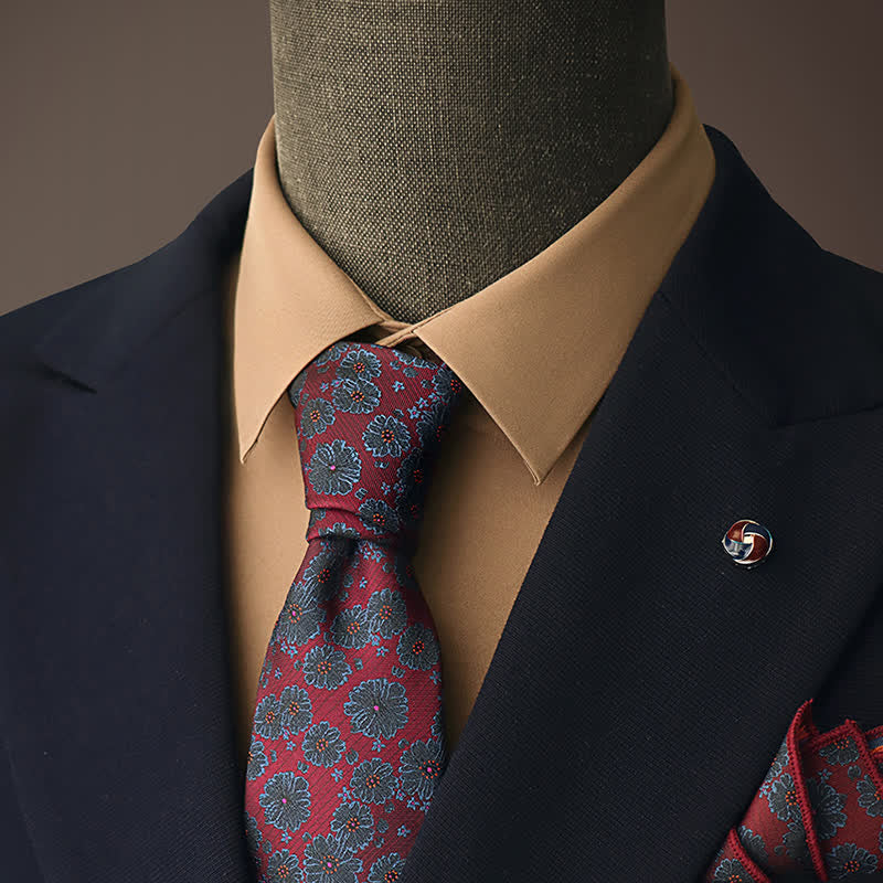 Men's Burgundy & Blue Flowers Necktie - Burgundy & Blue - image 0