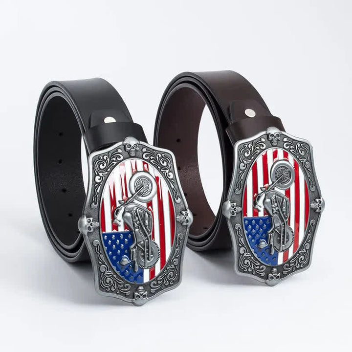 Men's Motorcycle American Flag Skull Leather Belt