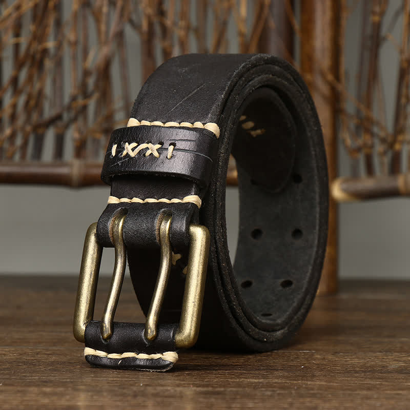 Men's Distressed Double Needle Buckle Leather Belt - image 6