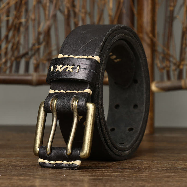 Men's Distressed Double Needle Buckle Leather Belt