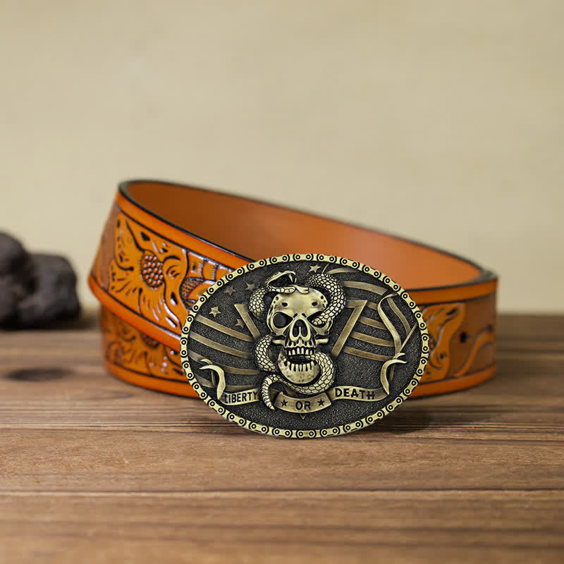 Men's DIY "Liberty or Death" Snake Skull Buckle Leather Belt