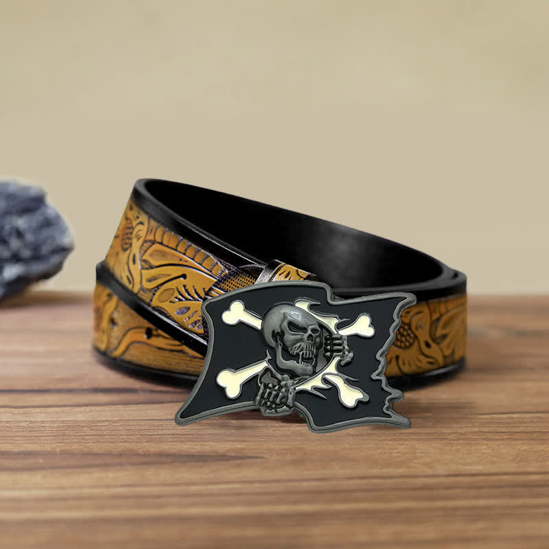 Men's DIY Jolly Roger Skull Flag Buckle Leather Belt