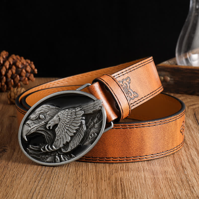 Men's Carved Bald Hawk Eagle Buckle Leather Belt