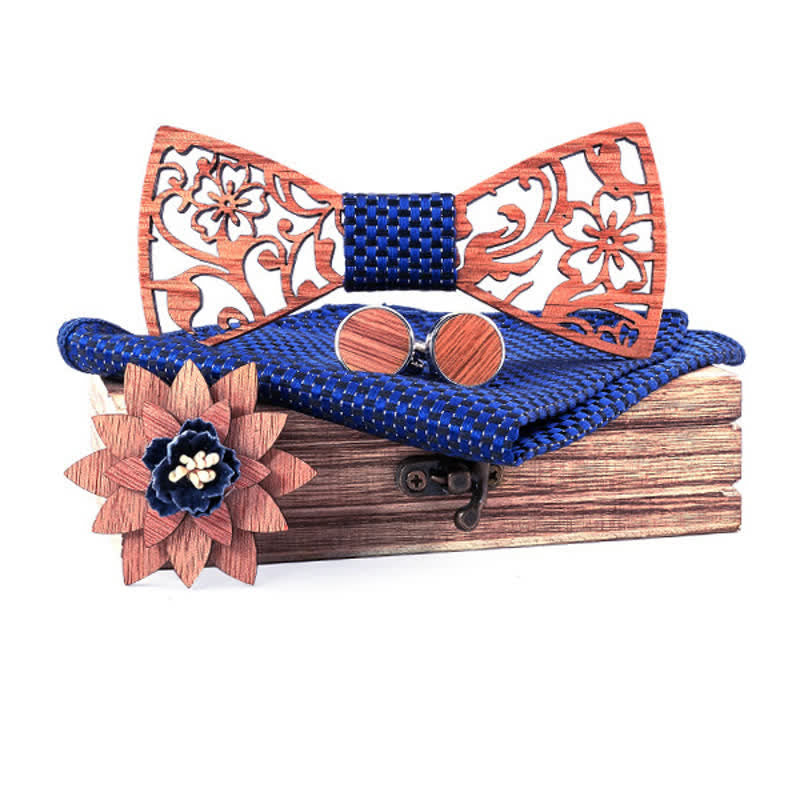 4pcs Men's Hollow Floral Wooden Bow Tie Set