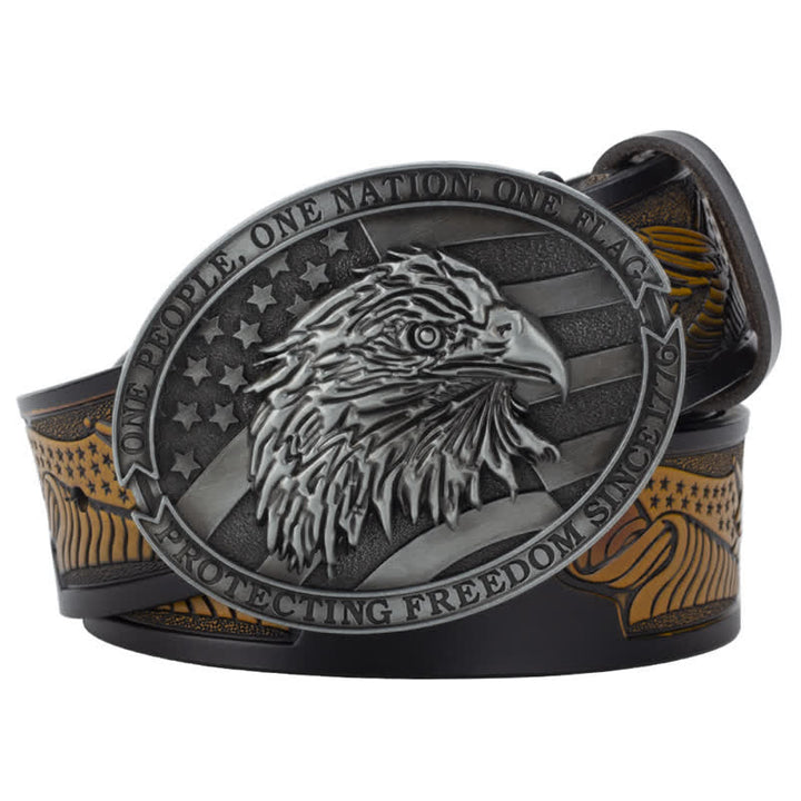 Men's Bald Eagle Head American Flag Buckle Leather Belt