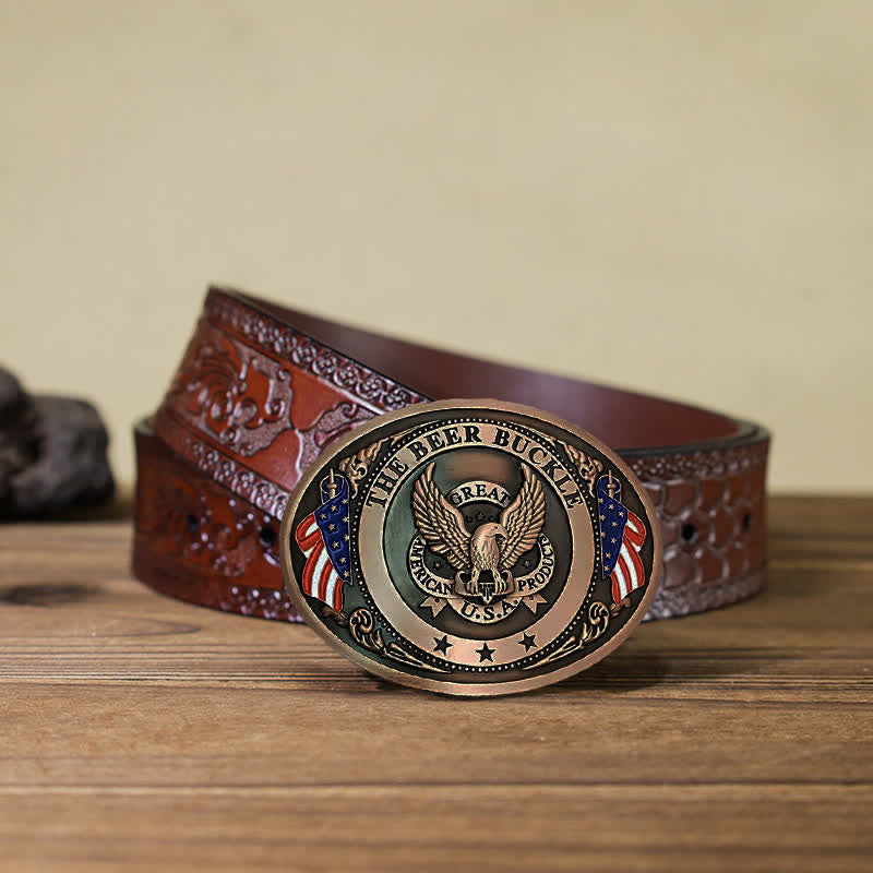 Men's DIY Eagle USA Flag Creative Beer Holder Buckle Leather Belt