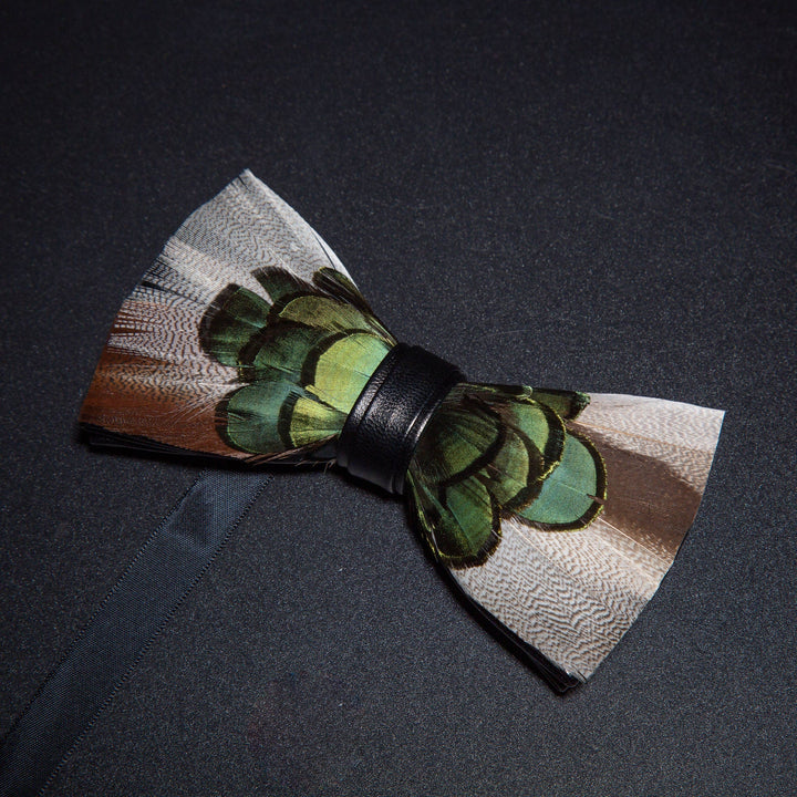 Grey & Forest Green Feather Bow Tie with Lapel Pin