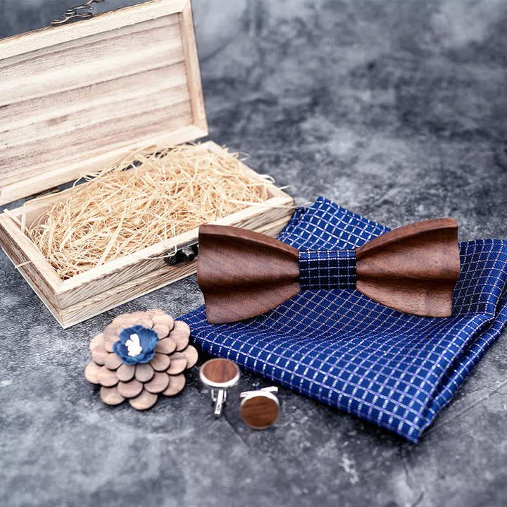 4Pcs Men's Black Walnut Wooden Bow Tie Set