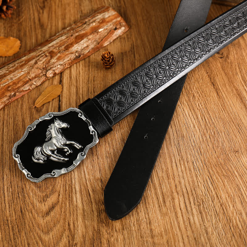 Men's Black Silver Running Horse Leather Belt - image 4