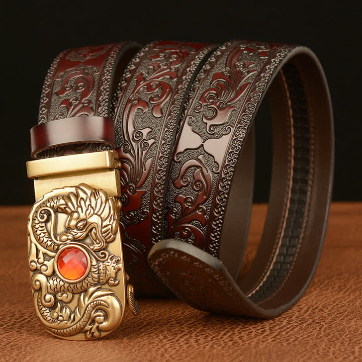 Men's Engraved Dragon Gemstone Leather Belt