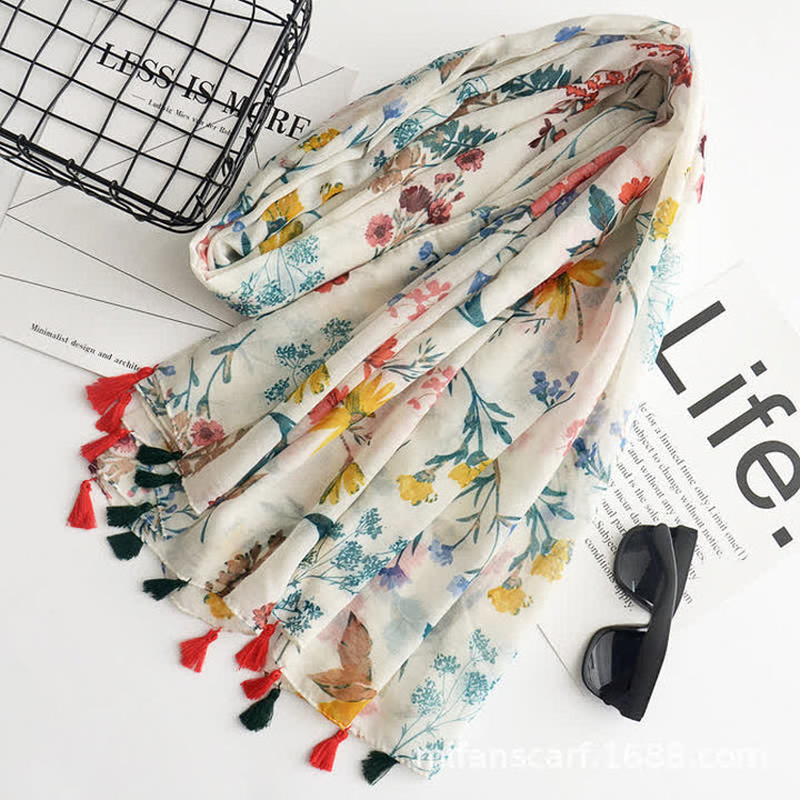 Women's Thin Lovely Butterfly Floral Tassel Scarf