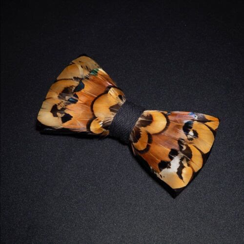 Beige & Gold Pheasant Feather Bow Tie with Lapel Pin