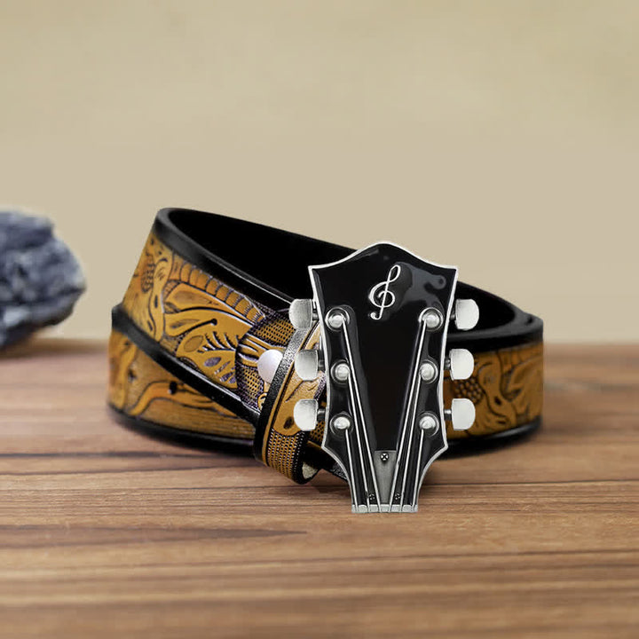 Men's DIY Musical Guitar Headstock Buckle Leather Belt