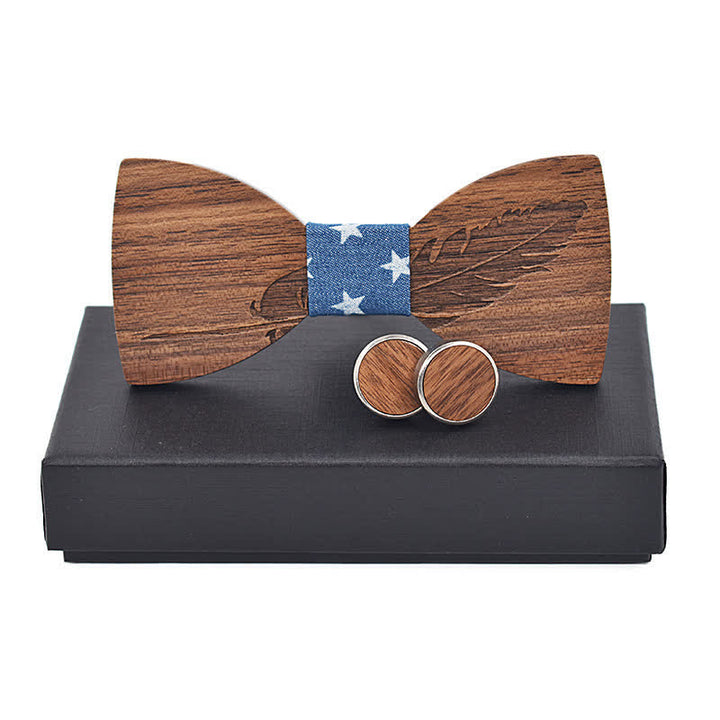 2Pcs Men's Feather Engraving Wooden Bow Tie Set