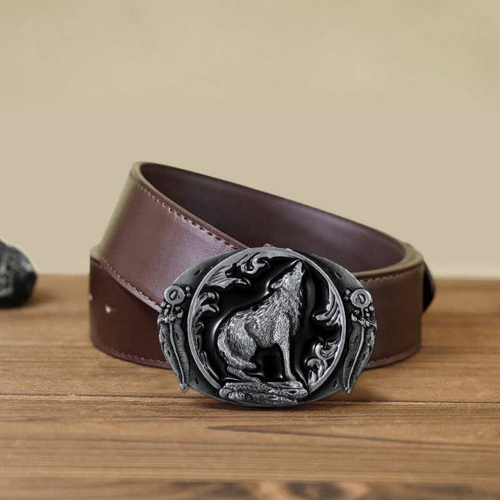 Men's DIY Enamel Domineering Howling Wolf Buckle Leather Belt