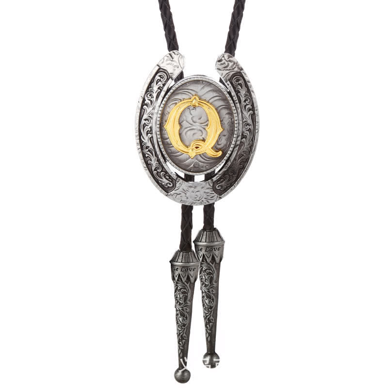 Modern Western Horseshoe Initial Letter A To Z Bolo Tie - Silver - Q - image 46
