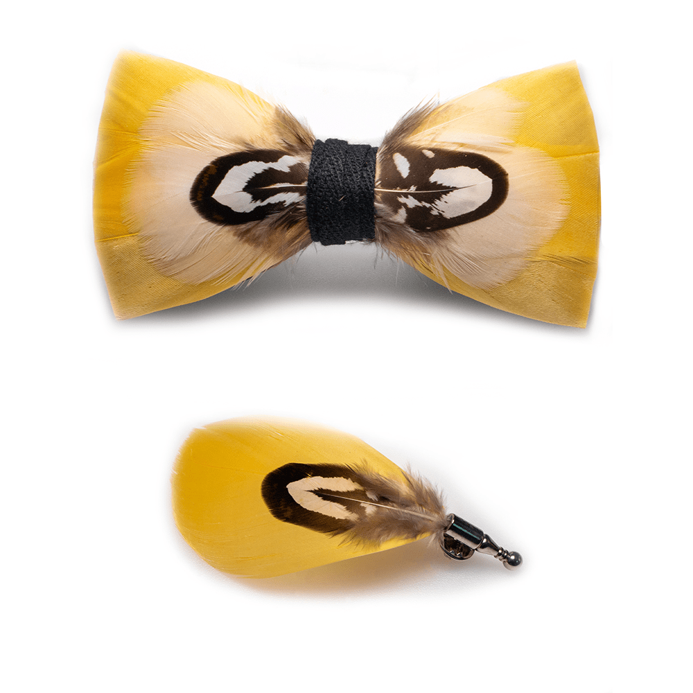 Yellow Parrot Feather Bow Tie with Lapel Pin