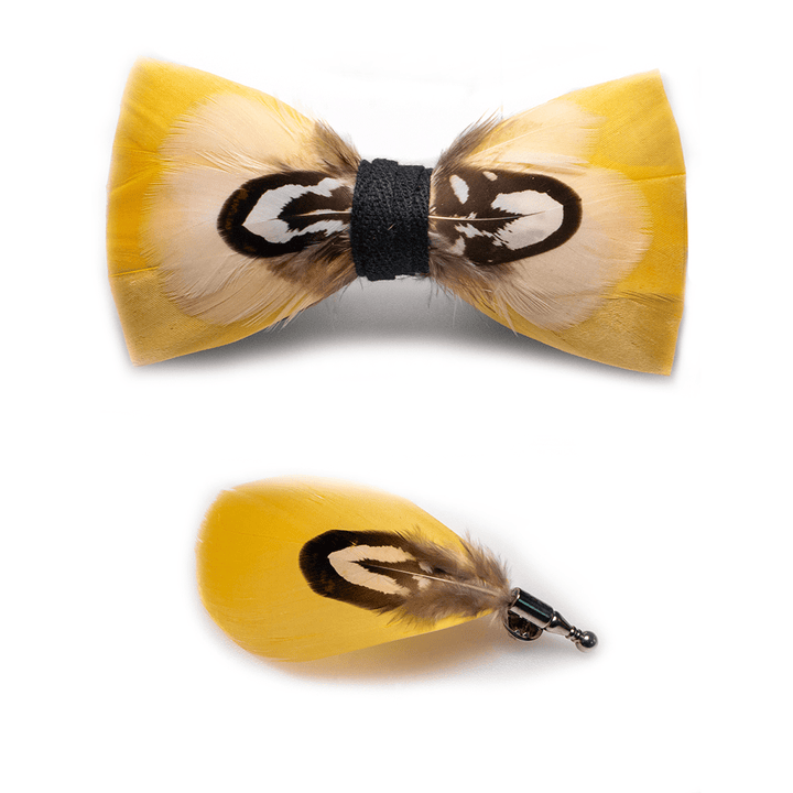 Yellow Parrot Feather Bow Tie with Lapel Pin