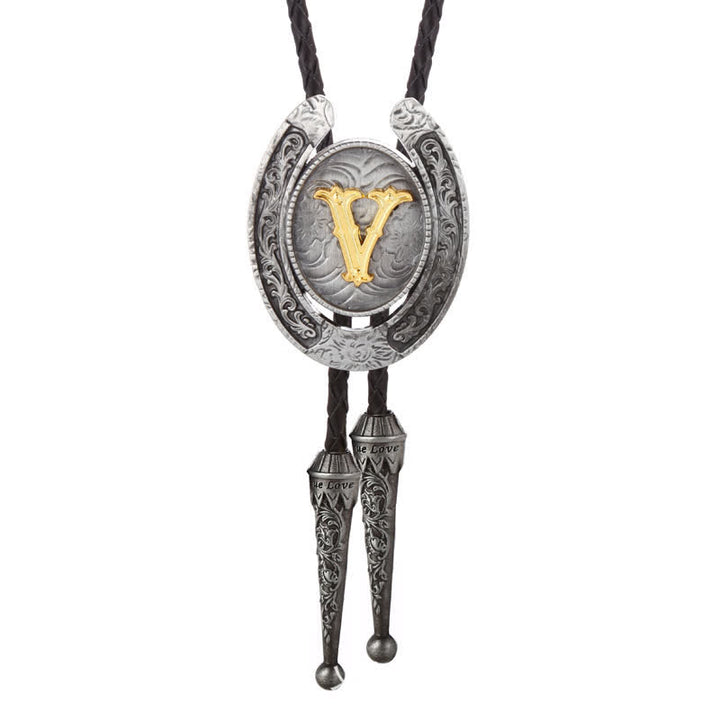 Modern Western Horseshoe Initial Letter A To Z Bolo Tie - Silver - V - image 51