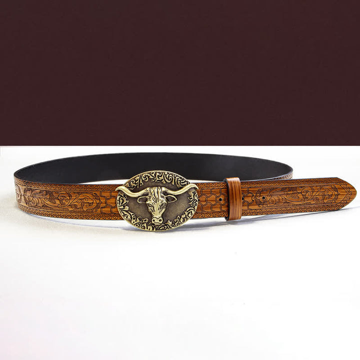 Men's Vintage Bull Head Brown Embossed Leather Belt