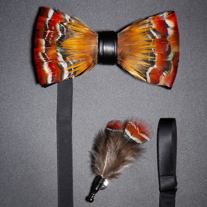 Orange & Yellow Vitality Feather Bow Tie with Lapel Pin