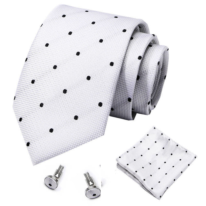 3Pcs Men's White & Black Fine Point Polka Necktie Set