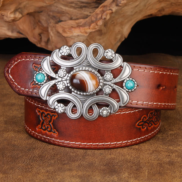 Unisex Agate Stone Turquoise Hollow Flower Leather Belt