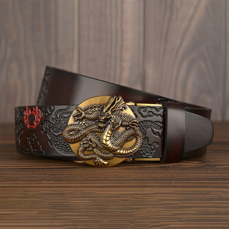 Men's Flame Dragon Round Automatic Buckle Leather Belt