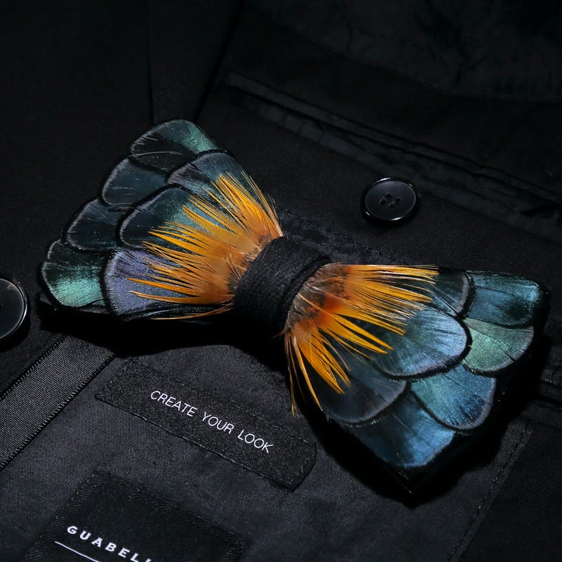 Green & Orange Sunflower Feather Bow Tie with Lapel Pin - image 1