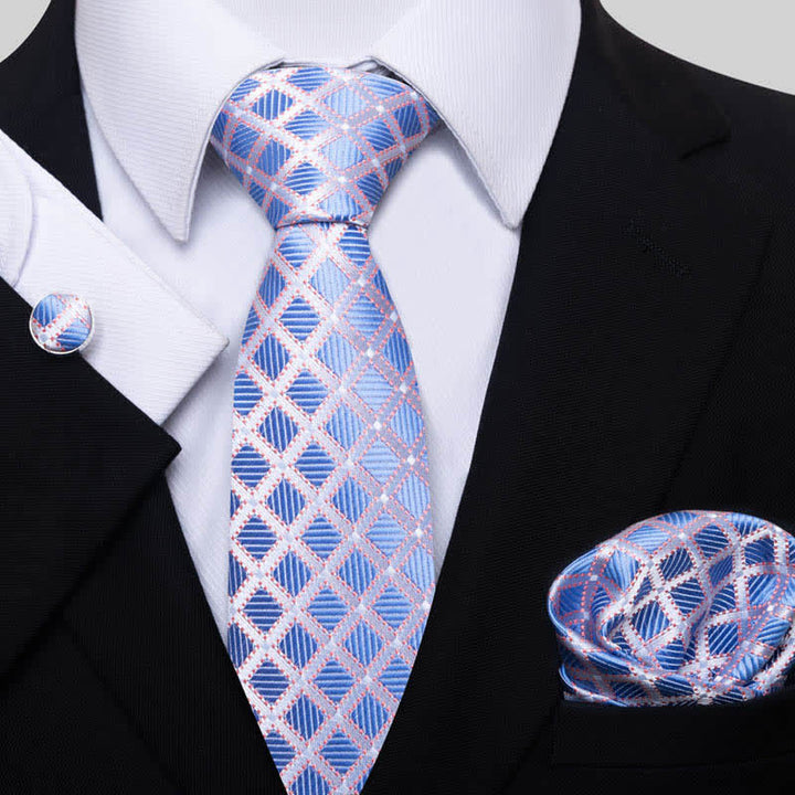 3Pcs Men's SkyBlue Windowpane Checked Necktie Set