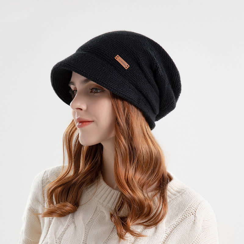 Women's Letter Patched Wide Brim Pile Knitted Hat