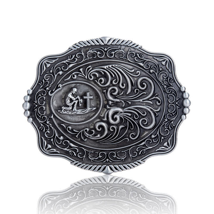 Men's DIY Engraved Floral Earnest Prayer Buckle Leather Belt