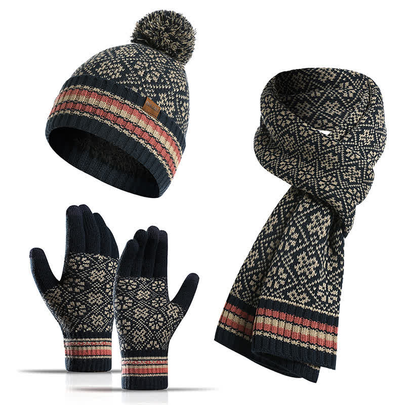 3Pcs Unisex Snowflake Hat Scarf Touchscreen Gloves Set