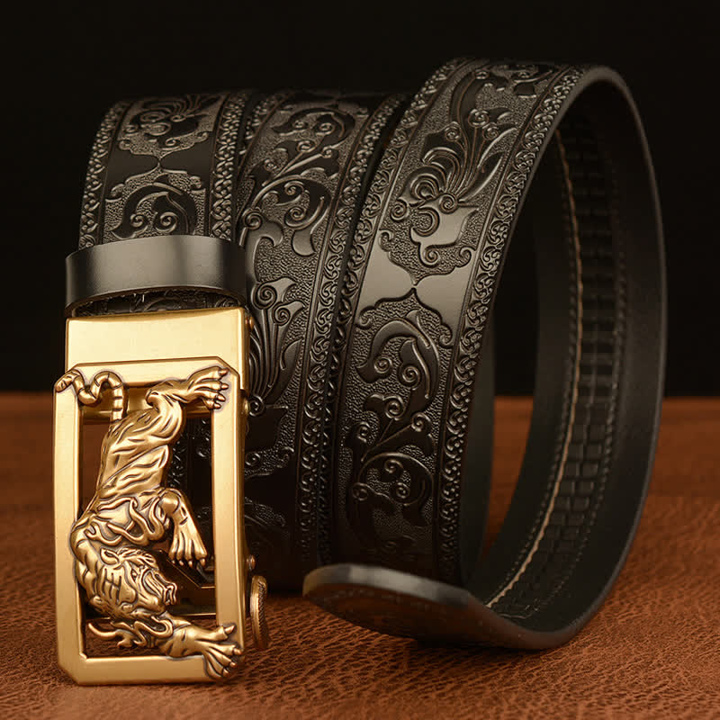 Men's Tiger Buckle Floral Embossed Leather Belt