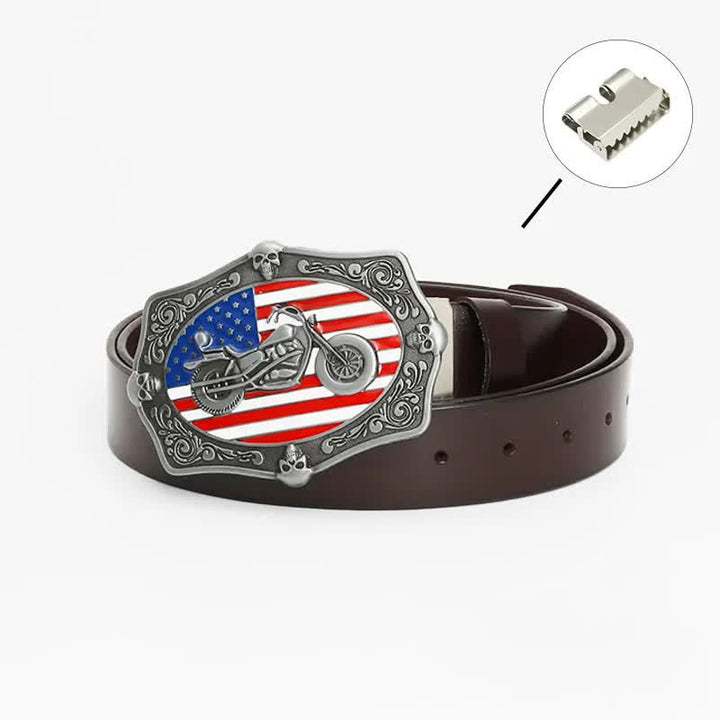 Men's Motorcycle American Flag Skull Leather Belt