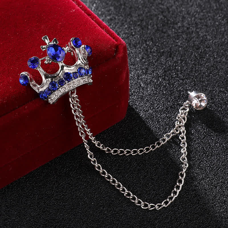 Men's Retro Crown Chain Rhinestones Brooch - Silver & Blue - image 6