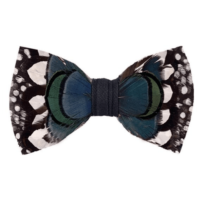 Blue Goose & White Guinea Feather Bow Tie with Lapel Pin