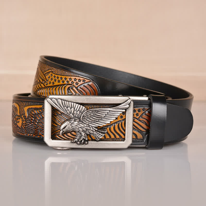 Men's Hollow Eagle Buckle Embossed Leather Belt